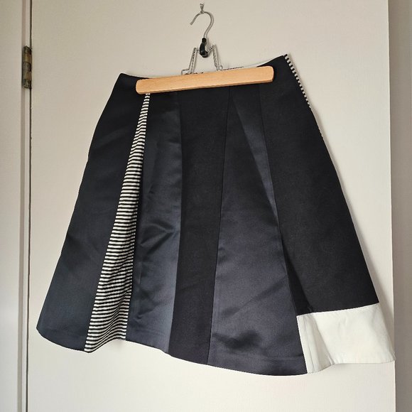 navy color block A line black silk cotton mini skirt FR 34 S